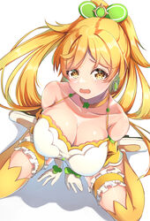  absurdres arm_support black_shirt blonde_hair blush breasts bridal_garter choker collarbone female highres kneeling large_breasts looking_at_viewer oekaki_zombie onko_akino open_mouth parted_hair ponytail shirt sleeveless solo spaghetti_strap tearing_up thighhighs white_footwear wixoss yellow_choker yellow_eyes yellow_thighhighs 