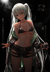  :d absurdres aqua_hair backlighting bare_shoulders belt belt_buckle bikini bikini_top_only black_bikini black_shorts breasts buckle cleavage collarbone commentary cowboy_shot curvy eyebrows_hidden_by_hair eyelashes female gibun_(sozoshu) green_eyes green_nails hatsune_miku head_tilt highres holding holding_microphone_stand indoors light_particles long_hair long_sleeves looking_at_viewer md5_mismatch medium_breasts microphone_stand midriff nail_polish navel no_shirt open_mouth short_shorts shorts shure_55sh smile solo stomach swimsuit thighs tsurime twintails v very_long_hair vocaloid 