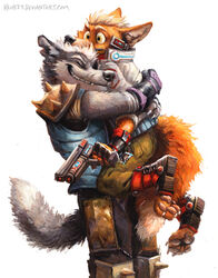  4_toes anthro boots brown_body brown_fur canid canine canis claws clothed clothing conditional_dnp curling_toes duo feet footwear fox fox_mccloud fur gloves grey_body grey_fur gun handwear hug kenket lifting lifting_another male male/male mammal nintendo painting_(artwork) pawpads paws pink_pawpads ranged_weapon smile soles star_fox surprised_expression toeless_boots toeless_footwear toes traditional_media_(artwork) weapon wolf wolf_o&#039;donnell 