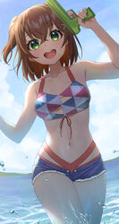  :d absurdres bikini blue_shorts blue_sky blush breasts brown_hair commentary_request cowboy_shot day denim denim_shorts denonbu female green_eyes hair_ornament hands_up hidaka_reina_(denonbu) highres holding holding_water_gun looking_at_viewer medium_breasts multicolored_bikini multicolored_clothes navel ocean official_alternate_costume open_mouth outdoors short_hair short_shorts shorts side_ponytail sidelighting sky smile solo standing swimsuit tsunenorip water water_drop water_gun x_hair_ornament 