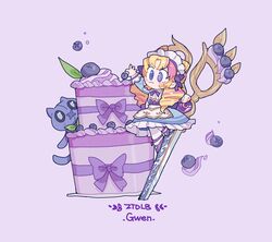  :3 blonde_hair bow bowtie cafe_cuties_(league_of_legends) cafe_cuties_gwen cake character_name chibi dress female food frilled_dress frills fruit gwen_(league_of_legends) highres league_of_legends long_hair long_sleeves maid_headdress multicolored_clothes multicolored_dress multicolored_hair official_alternate_costume pantyhose pink_hair purple_bow shoes solo stuffed_toy two-tone_hair ztdlb 