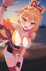  :d arm_tattoo arm_up bandages blonde_hair blurry breasts butterfly_choker chest_sarashi chest_tattoo choker cleavage collarbone depth_of_field female fingerless_gloves genshin_impact gloves hair_ornament highres incoming_headpat japanese_clothes kadokadokado kimono leaning_forward looking_at_viewer obi orange_eyes orange_kimono outdoors ponytail red_choker sarashi sash single_bare_shoulder sky smile solo sunset tattoo thighs waving yoimiya_(genshin_impact) 