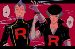  2boys anger_vein black_headwear black_jacket censored censored_gesture cigarette commentary delta_nonbiri facial_hair green_hair grin hand_up hat holding holding_cigarette jacket logo male_focus middle_finger multiple_boys musical_note petrel_(pokemon) pokemon pokemon_hgss proton_(pokemon) purple_hair short_hair smile smirk smoke smoking spoken_musical_note spoken_squiggle squiggle team_rocket team_rocket_uniform teeth 