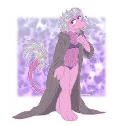  anthro bra clothing coat female fizzy-dog fraggle fraggle_rock fur fuzzy_body hi_res looking_at_viewer mature_female mokey_fraggle panties pink_body pink_fur purple_body purple_fur solo swimwear topwear underwear 