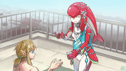  1boy ^_^ blonde_hair blue_eyes closed_eyes colored_skin commentary day female fish_girl giving holding iced_tea link manatsu_no_yo_no_inmu mipha monbetsu_kuniharu monster_girl outdoors parody pointy_ears ponytail red_skin rooftop the_legend_of_zelda the_legend_of_zelda:_breath_of_the_wild zora 