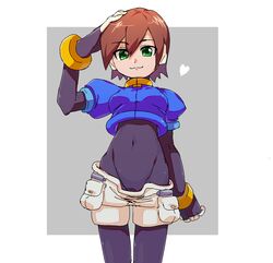  aile_(mega_man_zx) bodystocking brown_hair closed_mouth covered_navel female gloves green_eyes groin highres layered_sleeves long_sleeves looking_at_viewer mega_man_(series) mega_man_zx pantyhose_under_shorts robot_ears sakuraba_(cerisier_x) short_hair short_over_long_sleeves short_sleeves shorts smile solo spandex 