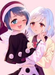  2girls @_@ angel_wings beige_jacket black_capelet blue_eyes blue_hair blush bow bowtie brown_eyes capelet doremy_sweet furrowed_brow hair_between_eyes hat highres kishin_sagume long_sleeves looking_at_another multiple_girls one_eye_closed open_mouth pom_pom_(clothes) red_bow red_bowtie santa_hat shirt short_hair sweatdrop touhou touya_(konpekitou) white_hair wings yuri 