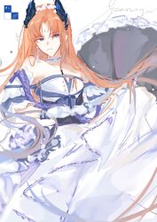  1boy arknights bare_shoulders blue_eyes choker cosplay crossdressing dress head_wings long_hair looking_at_viewer male_focus off-shoulder_dress off_shoulder orange_hair passenger_(arknights) saileach_(appreciate_fragrance)_(arknights) saileach_(arknights) saileach_(arknights)_(cosplay) solo white_background white_dress wings xiuxiudangdangdongdong_duang 