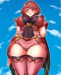  black_gloves breasts chest_jewel earrings female fingerless_gloves gloves jewelry large_breasts pyra_(xenoblade) red_eyes red_hair red_shorts red_thighhighs short_hair short_shorts shorts solo swept_bangs thighhighs tiara tyranu xenoblade_chronicles_(series) xenoblade_chronicles_2 