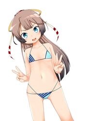  adapted_costume bad_id bad_twitter_id bikini brown_hair buttons covered_nipples double_v female flat_chest grey_eyes hair_ribbon highres inactive_account kantai_collection kazagumo_(kancolle) kazagumo_(swimsuit_mode)_(kancolle) long_hair looking_at_viewer micro_bikini multi-strapped_bikini nassukun navel open_mouth ponytail ribbon round_teeth smile solo standing striped_bikini striped_clothes swimsuit teeth upper_teeth_only v white_background 