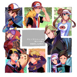  3girls 6+boys ahoge backpack backwards_hat bag baseball_cap beanie black_hair black_shirt blonde_hair blue_jacket bow brown_hair closed_mouth commentary_request courtney_(pokemon) dawn_(pokemon) delta_nonbiri double_bun ethan_(pokemon) fake_horns furret ghetsis_(pokemon) green_eyes green_hair hair_bun hand_on_headwear hand_up hat headband highres hilbert_(pokemon) holding holding_poke_ball hood hood_up horns jacket long_hair long_sleeves morty_(pokemon) multicolored_hair multiple_boys multiple_girls pikachu pink_bow poke_ball poke_ball_(basic) poke_ball_print pokemon pokemon_(creature) pokemon_bw pokemon_bw2 pokemon_dppt pokemon_frlg pokemon_hgss pokemon_oras pokemon_platinum purple_hair raglan_sleeves red-tinted_eyewear red_(pokemon) red_headwear red_jacket rosa_(pokemon) scarf scouter shirt short_hair short_sleeves sleeveless sleeveless_jacket smile strap team_plasma thorton_(pokemon) tinted_eyewear twintails two-tone_hair visor_cap white_headwear white_scarf yellow_bag 