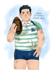  1boy absurdres ball bara blue_shorts bulge cropped_legs daisukebear dirty dirty_clothes dirty_face gift_art happy_birthday highres holding holding_ball looking_at_viewer male_focus original pectorals plump rugby_ball rugby_uniform short_hair shorts sideburns smile solo sportswear thick_eyebrows thighs toned toned_male 