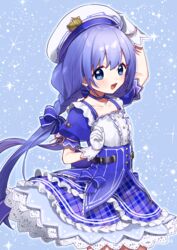  :d ahoge arm_up bad_id bad_pixiv_id beret blue_background blue_bow blue_eyes blue_hair blue_skirt blush bow braid center_frills female frilled_skirt frills gloves hair_between_eyes hairbow hand_on_headwear hat long_hair looking_at_viewer low_twintails nijisanji open_mouth plaid plaid_skirt puffy_short_sleeves puffy_sleeves shirt short_sleeves skirt smile solo striped striped_bow twintails underbust v-shaped_eyebrows very_long_hair virtual_youtuber white_gloves white_hat white_shirt yamabukiiro yuuki_chihiro yuuki_chihiro_(8th_costume) 