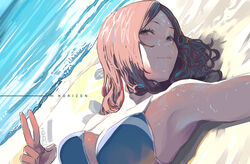  armpits beach bikini blue_bikini breasts brown_eyes brown_hair cleavage closed_mouth collarbone day female idolmaster idolmaster_cinderella_girls idolmaster_cinderella_girls_starlight_stage long_hair looking_at_viewer lying ocean on_back sawada_marina sawarakajin short_hair sideboob smile solo surfboard swimsuit v wet 