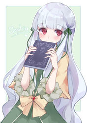  absurdres blush book bow brown_bow character_name closed_mouth commentary dress female green_background green_bow green_dress hairbow hands_up heart highres holding holding_book long_hair looking_at_viewer mola_mola otome_game_no_hametsu_flag_shika_nai_akuyaku_reijou_ni_tensei_shite_shimatta puffy_short_sleeves puffy_sleeves red_eyes short_sleeves solo sophia_ascart very_long_hair white_hair 