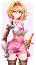  absurdres ass_visible_through_thighs blonde_hair breasts cleavage cowboy_shot djeeta_(granblue_fantasy) female fighter_(granblue_fantasy) gauntlets granblue_fantasy hairband highres looking_at_viewer medium_breasts miniskirt panties pink_hairband pink_panties rasen_manga short_hair skirt smile solo sword thighhighs thighs twitter_username underwear weapon white_background wind wind_lift yellow_eyes 