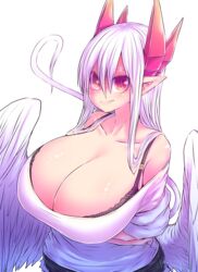  absurdres arms_under_breasts bare_shoulders bra bra_peek breasts cleavage collarbone demon_girl feathered_wings female hair_between_eyes highres horns huge_breasts long_hair looking_at_viewer lorem_(mazohaha) mature_female musuko_ga_kawaikute_shikatanai_mazoku_no_hahaoya pointy_ears red_eyes red_horns simple_background solo tail underwear white_background white_hair white_tail white_wings wings zyugoya 