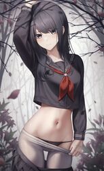  3: arm_up bare_tree black_hair black_panties black_serafuku black_shirt black_skirt bow bow_panties brown_flower bud clothes_pull collarbone cowboy_shot crop_top crop_top_overhang eyelashes falling_petals female flower grey_eyes highres idolmaster idolmaster_shiny_colors kazano_hiori lily_(flower) long_hair long_sleeves looking_at_viewer marinesnow midriff mole mole_under_mouth navel neckerchief panties pantyhose pantyhose_pull petals sailor_collar school_uniform see-through serafuku shirt skirt skirt_pull solo standing stomach string_panties thigh_gap tree underwear uniform white_pantyhose 