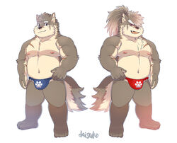  2boys bara belly blue_fundoshi brown_fur bulge chest_tuft daisukebear dog_boy forked_eyebrows full_body fundoshi furry furry_male japanese_clothes komainu_boy komainu_ears komainu_tail large_pectorals looking_at_viewer male_focus moritaka_(housamo) multiple_boys muscular muscular_male navel nipples paw_print pectorals plump red_fundoshi scar scar_on_cheek scar_on_face scar_on_nose shino_(housamo) short_hair sideburns standing stomach thick_eyebrows thighs tokyo_afterschool_summoners two-tone_fur 