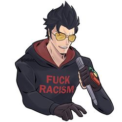  1boy absurdres black_hair closed_eyes clothes_writing commentary english_text gloves highres hood jacket looking_at_viewer male_focus no_more_heroes no_more_heroes_3 open_mouth profanity short_hair simple_background smgold smile solo sunglasses travis_touchdown upper_body white_background 