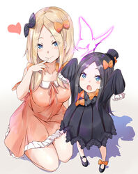  2girls abigail_williams_(fate) aged_up arms_up black_bow black_dress black_headwear black_legwear blonde_hair bloomers blue_eyes blush bow breasts bug butterfly closed_mouth commentary dress fate/grand_order fate_(series) forehead hairbow hat heart highres if_they_mated kneeling large_breasts long_hair long_sleeves looking_at_viewer mother_and_daughter multiple_girls multiple_hair_bows open_mouth orange_bow orange_dress parted_bangs polka_dot polka_dot_bow saku_(kudrove) short_sleeves simple_background sleeves_past_fingers sleeves_past_wrists smile thighs underwear white_background white_bloomers 