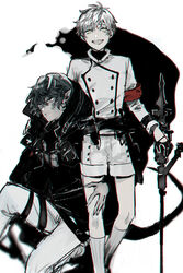  2boys arknights armband bishounen black_hair black_jacket coat cowboy_shot dark-skinned_male dark_skin faust_(arknights) formal hand_on_another&#039;s_thigh highres jacket male_focus mephisto_(arknights) monster_boy multiple_boys nakayama_miyuki open_mouth pointy_ears shorts snake_boy snake_tail socks spots tail thighs white_coat white_hair yellow_eyes 