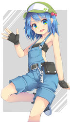  :d alternate_costume bandeau bare_shoulders black_gloves blue_eyes blue_hair cabbie_hat female fingerless_gloves flat_chest gloves hair_bobbles hair_ornament hat highres kawashiro_nitori looking_at_viewer open_mouth overalls short_hair shorts simple_background smile solo touhou two_side_up uumaru v-shaped_eyebrows white_background 