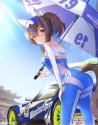  absurdres advan alternate_costume animal_ears bare_shoulders blue_hair blue_panties blue_sky blue_thighhighs breasts brown_hair car closed_mouth colored_inner_hair commentary_request daitaku_helios_(umamusume) ear_covers ear_piercing eyewear_on_head facial_tattoo feet_out_of_frame female hair_between_eyes hair_ornament hairclip hand_on_own_thigh highres holding holding_umbrella horse_ears horse_girl horse_tail long_sleeves medium_hair mixed-language_commentary motor_vehicle multicolored_hair nape oerba_yun_fang outdoors panties partial_commentary peteron piercing race_queen race_vehicle racecar racing_project_bandoh side_ponytail skin_fang sky small_breasts smile solo sports_car streaked_hair sunglasses super_gt tail tail_through_clothes tattoo thighhighs toyota toyota_gazoo_racing toyota_supra toyota_supra_mk_v umamusume umbrella underwear yellow_eyes 