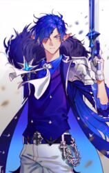  1boy ascot belt belt_buckle blue_eyes blue_hair blue_shirt buckle chains chevalier_(elsword) ciel_(elsword) elsword facial_mark forehead_mark fur_scarf gloves gun highres holding holding_gun holding_weapon looking_at_viewer male_focus pants pointy_ears shirt simple_background solo standing weapon white_ascot white_background white_gloves white_pants yuushi 