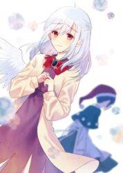  2girls angel_wings beige_jacket black_capelet blue_hair blurry blurry_background blush bow bowtie braid capelet doremy_sweet dress french_braid furrowed_brow hair_between_eyes hat highres kishin_sagume light_smile long_hair long_sleeves looking_at_viewer multiple_girls pom_pom_(clothes) purple_dress red_bow red_bowtie red_eyes santa_hat shirt single_wing touhou touya_(konpekitou) white_hair white_shirt wings 