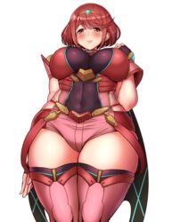  black_gloves breasts chest_jewel earrings female fingerless_gloves gloves jewelry large_breasts pyra_(xenoblade) red_eyes red_hair red_shorts red_thighhighs short_hair short_shorts shorts solo swept_bangs thighhighs tiara tyranu xenoblade_chronicles_(series) xenoblade_chronicles_2 