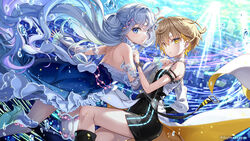  2girls aitsuki_nakuru bare_shoulders black_dress black_thighhighs blonde_hair blue_dress blue_eyes braid breasts brown_hair commentary_request detached_sleeves dress earrings floating_hair fujima_takuya grey_hair hair_between_eyes hair_intakes high_heels jewelry la_priere large_breasts long_hair long_sleeves multicolored_hair multiple_girls natsume_itsuki_(voice_actor) puffy_long_sleeves puffy_sleeves see-through see-through_sleeves shoe_soles sleeveless sleeveless_dress small_breasts strapless strapless_dress stud_earrings thighhighs twitter_username two-tone_hair utaite very_long_hair water_drop white_footwear yellow_eyes 