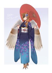  absurdres animal_feet bird_legs bird_wings blue_eyes blue_flower blue_kimono brown_hair brown_wings claws closed_mouth commission estelle_(cieluscian) feathered_wings female floral_print flower full_body furisode grey_hair hair_flower hair_ornament hair_over_one_eye hair_over_shoulder half-harpy hands_up highres hiiragi_(karashriker) holding holding_umbrella hydrangea hydrangea_print japanese_clothes kimono long_hair long_sleeves looking_at_viewer low-tied_long_hair monster_girl multicolored_eyes multicolored_hair obi obiage obijime oil-paper_umbrella one_eye_covered original over_shoulder owl_girl purple_background purple_eyes purple_kimono red_umbrella sash second-party_source simple_background skeb_commission smile solo standing streaked_hair talons thank_you umbrella umbrella_over_shoulder walking wide_sleeves wings 