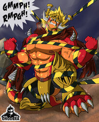  abs angry anthro armor biceps blonde_hair bodily_fluids bound bushiroad claws dragon drum_bunker_dragon flexing future_card_buddyfight hair hi_res horn male muscular muscular_anthro muscular_male mythological_creature mythological_scalie mythology nipples onodera pecs red_body scalie scarf solo struggling submissive submissive_male sweat tail teeth 