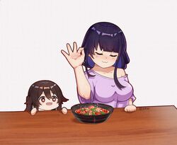  2girls absurdres breasts brown_hair chibi chinese_commentary closed_eyes commentary_request cooking food genshin_impact happy highres hu_tao_(genshin_impact) large_breasts ldd.ek meme multiple_girls purple_hair raiden_shogun red_eyes salt_bae_(meme) smile star-shaped_pupils star_(symbol) symbol-shaped_pupils table twintails 