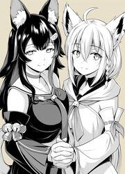  2girls ahoge animal_ear_fluff animal_ears black_hair blush braid breasts choker closed_mouth commentary detached_sleeves earrings fox_ears fox_girl grey_background hair_between_eyes hair_ornament hairclip highres holding_hands hololive hood hoodie interlocked_fingers jewelry large_breasts long_hair looking_at_viewer medium_breasts monochrome multicolored_hair multiple_girls neckerchief noise_(tsuzuki) ookami_mio ookami_mio_(1st_costume) shirakami_fubuki shirakami_fubuki_(1st_costume) side_braid sidelocks simple_background single_braid small_breasts smile streaked_hair virtual_youtuber wolf_ears wolf_girl 