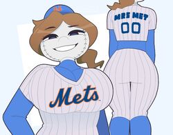  2023 ass ball baseball_(ball) baseball_cap baseball_uniform big_breasts breasts brown_hair clothing exqmaster female for_a_head hair hat headgear headwear humanoid mascot mlb mrs._met new_york_mets not_furry object_head ponytail solo sportswear uniform wide_hips 