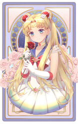  bare_shoulders bishoujo_senshi_sailor_moon bishoujo_senshi_sailor_moon_supers blonde_hair blue_eyes blue_sailor_collar border bow brooch choker closed_mouth collarbone commentary crisis_moon_compact double_bun earrings english_commentary female flower gloves green_eyes hair_bun hair_ornament heart heart_brooch heart_choker highres holding holding_flower jewelry kamui_(kamuikaoru) long_hair magical_girl red_bow red_flower red_rose rose sailor_collar sailor_moon sailor_senshi_uniform smile solo super_sailor_moon tsukino_usagi twintails white_border white_flower white_gloves white_rose 