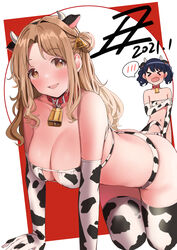  &gt;_&lt; 2021 2girls :d all_fours animal_ears animal_print bell bikini black_hair breasts brown_eyes brown_hair chinese_zodiac collar cow_ears cow_print cow_print_bikini cow_tail elbow_gloves embarrassed eyepatch_bikini fake_animal_ears flat_chest fukumaru_koito gloves hair_bun highres ichikawa_hinana idolmaster idolmaster_shiny_colors koukoku large_breasts long_hair looking_at_viewer multiple_girls neck_bell open_mouth print_bikini red_collar short_hair single_hair_bun smile spoken_blush swimsuit tail thighhighs wavy_mouth white_bikini white_gloves year_of_the_ox 