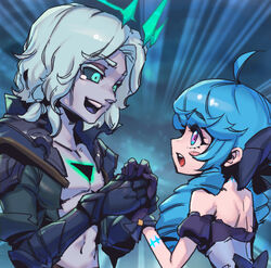  1boy :d ahoge black_bow black_jacket black_sclera black_sleeves blue_hair blush_stickers bow collarbone colored_sclera detached_sleeves dress eye_contact female from_side green_eyes grey_dress grey_hair gwen_(league_of_legends) hairbow holding_hands jacket league_of_legends long_hair looking_at_another medium_hair open_clothes open_jacket open_mouth phantom_ix_row smile strapless strapless_dress torn_clothes torn_jacket upper_body viego_(league_of_legends) 