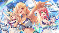  5girls absurdres animal_ears arm_up armpits bikini blonde_hair blue_hair blush bracelet breasts cleavage commentary dark-skinned_female dark_skin english_commentary fox_ears fox_girl fox_tail front-tie_bikini_top front-tie_top gradient_hair highleg highleg_bikini highres hololive hololive_summer_2023_swimsuit hoshimachi_suisei jewelry large_breasts layered_bikini long_hair looking_at_viewer multicolored_hair multiple_girls music nail_polish official_alternate_costume omaru_polka orange_nails pink_hair ribbon sakura_miko shiranui_flare shiranui_kensetsu shirogane_noel sidelocks singing stage striped_bikini striped_clothes summer sweat swimsuit tail tang-du very_sweaty virtual_youtuber wrist_ribbon 