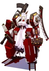  amino_dopple apron armored_core armored_core_5 ascot breasts closed_mouth dress exoskeleton externally_piloted_mecha female full_body green_eyes highres horns large_breasts long_dress long_hair looking_at_viewer maid mecha mecha_musume original red_ascot robot simple_background solo white_apron white_background white_hair 