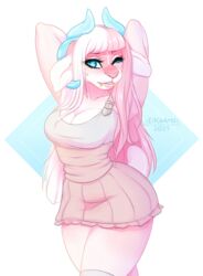  2021 alpha_channel anthro blue_eyes breasts digital_media_(artwork) ei-ka eyebrows eyelashes female fur hair hi_res horn pink_body pink_fur pink_hair solo 