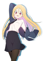  absurdres black_pantyhose black_skirt blazer blonde_hair blush bural_chingu collared_shirt commentary female hair_between_eyes highres jacket korean_commentary lee_ji-min long_hair looking_at_viewer luke_(dydansgur) necktie open_mouth pantyhose pencil_skirt red_eyes shirt simple_background skirt smile solo white_pantyhose white_shirt 