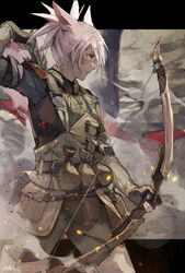  animal_ears arrow_(projectile) ashes belt_pouch bow_(weapon) cat_ears cat_girl facial_mark fatigues female final_fantasy final_fantasy_xiv from_side highres letterboxed m&#039;naago miqo&#039;te mogayama outside_border ponytail pouch quiver short_hair shoulder_guard smoke solo tan weapon 