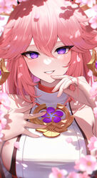  :d bare_shoulders blush breasts cherry_blossoms collarbone day eyelashes female finger_to_mouth genshin_impact hair_ornament hand_on_own_chest jewelry kohanayuki long_hair looking_at_viewer necklace outdoors parted_lips petals pink_hair purple_eyes sideboob sleeveless smile solo sunlight upper_body yae_miko 