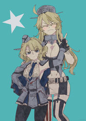  2girls ^_^ aqua_background blonde_hair blue_eyes blue_necktie blush closed_eyes colorado_(kancolle) colored_eyelashes commentary fingerless_gloves garter_straps gloves hand_on_another&#039;s_shoulder hands_on_own_thighs height_difference highres iowa_(kancolle) kantai_collection long_hair midriff multiple_girls nami_nami_(belphegor-5812) necktie pantyhose striped thighhighs vertical_stripes 