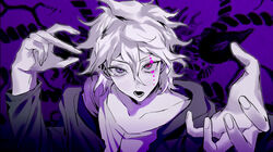  1boy bangs blood blood_on_face bocca_della_verita_(song) collarbone commentary_request danganronpa_(series) danganronpa_2:_goodbye_despair face grey_hair hair_between_eyes hands_up highres jacket komaeda_nagito looking_at_viewer lower_teeth male_focus messy_hair open_mouth pale_skin pink_blood pink_eyes portrait print_shirt purple_background purple_theme shirt solo tuteurfars_shin upper_body white_hair 