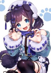  :d aiba_uiha aiba_uiha_(2nd_costume) animal_ears bad_id bad_pixiv_id bare_shoulders beret black_hair black_thighhighs blue_bow blue_eyes blue_jacket blue_nails blue_sky bow braid claw_pose commentary_request dog_ears dog_girl dog_tail fangs female fur-trimmed_sleeves fur_trim hands_up hat heart jacket kemonomimi_mode long_sleeves nail_polish nijisanji off_shoulder open_mouth simple_background sky smile solo squatting tail thighhighs virtual_youtuber white_background white_hat yamabukiiro 