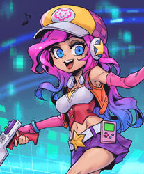  :d arcade_miss_fortune bare_shoulders belt blue_eyes blue_hair breasts cabbie_hat cleavage crop_top female fingerless_gloves game_boy game_boy_(original) gloves gradient_background green_background gun handheld_game_console hat headphones heart holding holding_gun holding_weapon league_of_legends long_hair looking_at_viewer medium_breasts miniskirt miss_fortune_(league_of_legends) multicolored_hair navel official_alternate_costume phantom_ix_row pink_gloves pink_hair purple_skirt skirt smile solo teeth tongue two-tone_hair upper_teeth_only weapon white_belt 